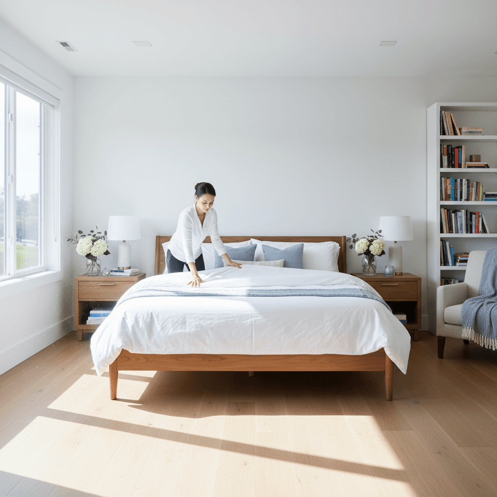 Airbnb bedroom turnover with fresh linens and clean surfaces