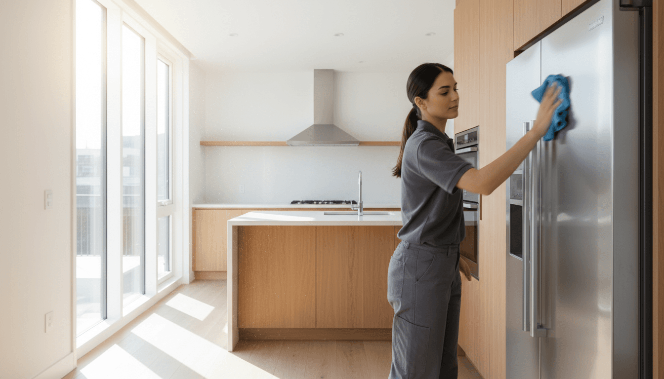 Professional cleaner actively cleaning a modern kitchen with stainless steel appliances