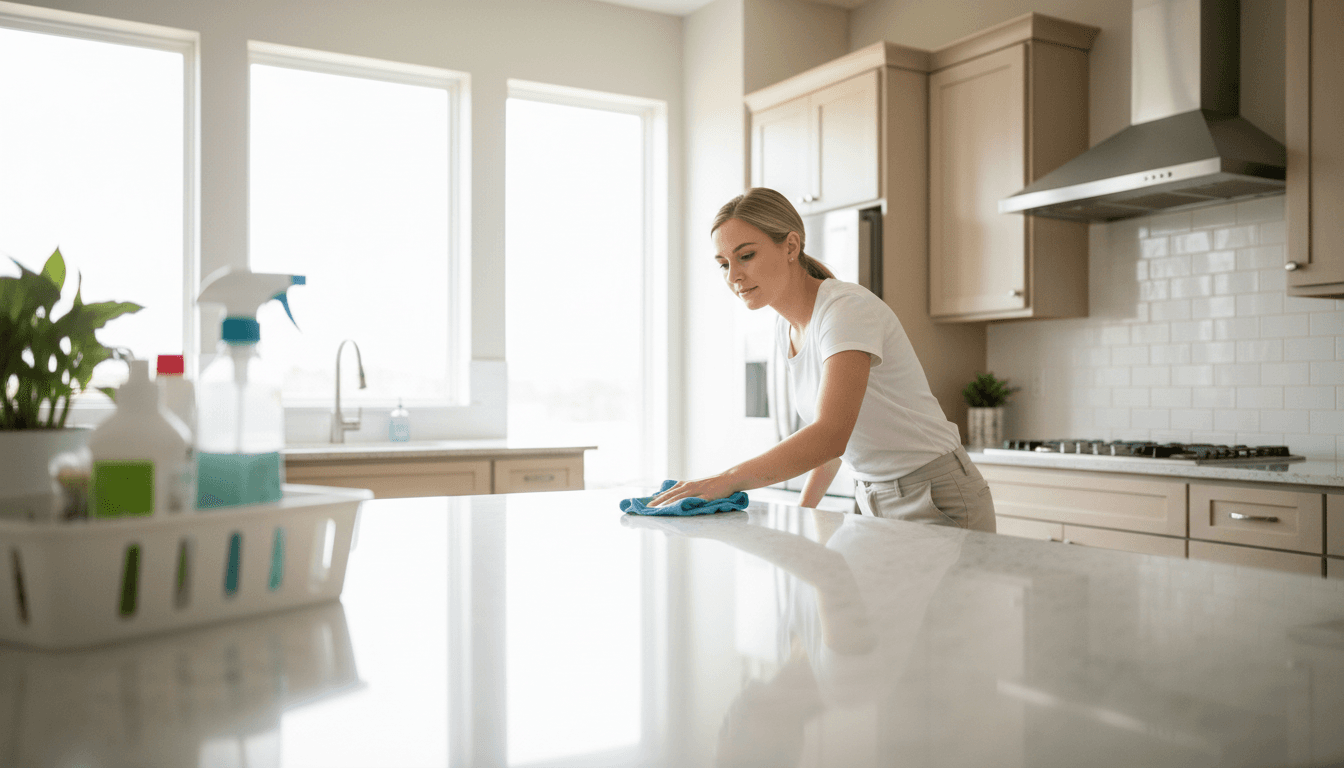 Professional cleaner wiping down a modern kitchen countertop with natural light streaming in