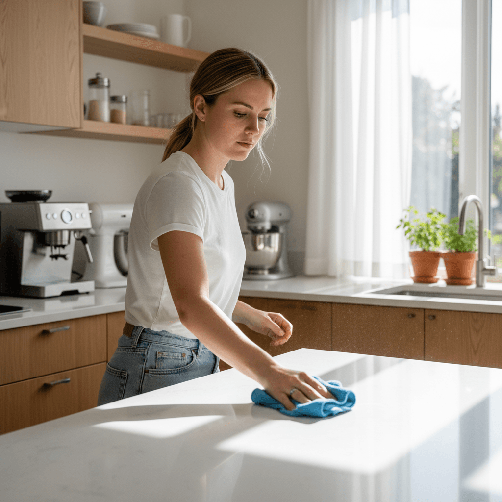 House cleaning service with microfiber cloth on kitchen counter