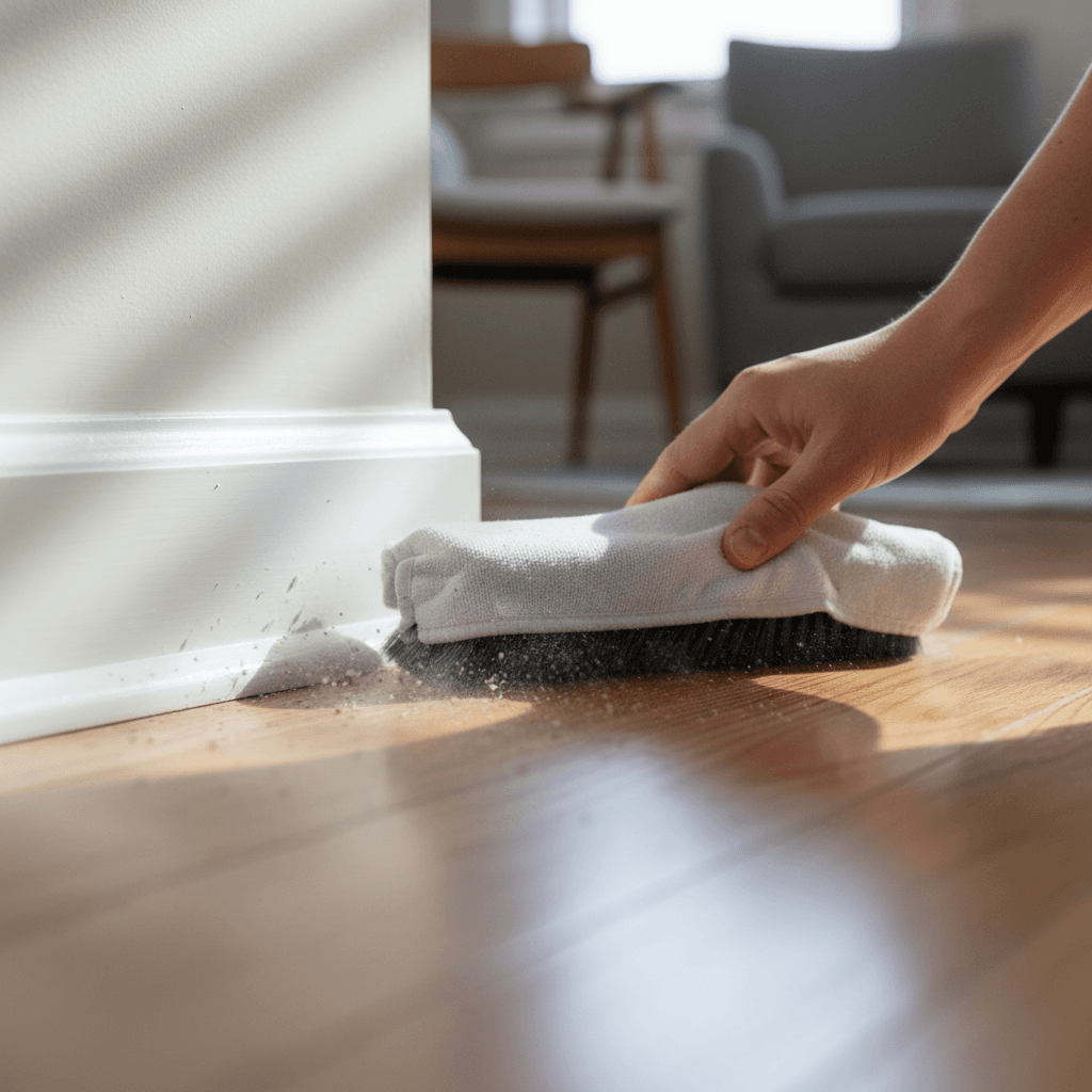 Deep cleaning baseboards with microfiber cloth and brush detail