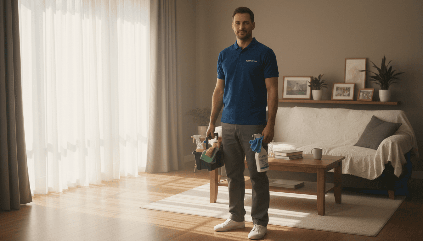 Professional cleaner in a bright Florida home with cleaning supplies, ready to serve residential and commercial clients